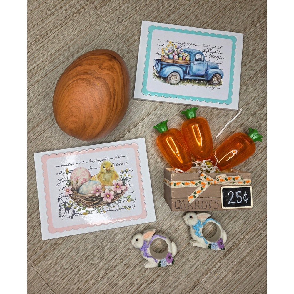 Easter Decor Bundle Bunny Napkin Rings Wooden Crate Carrots Faux Wood Egg Art
